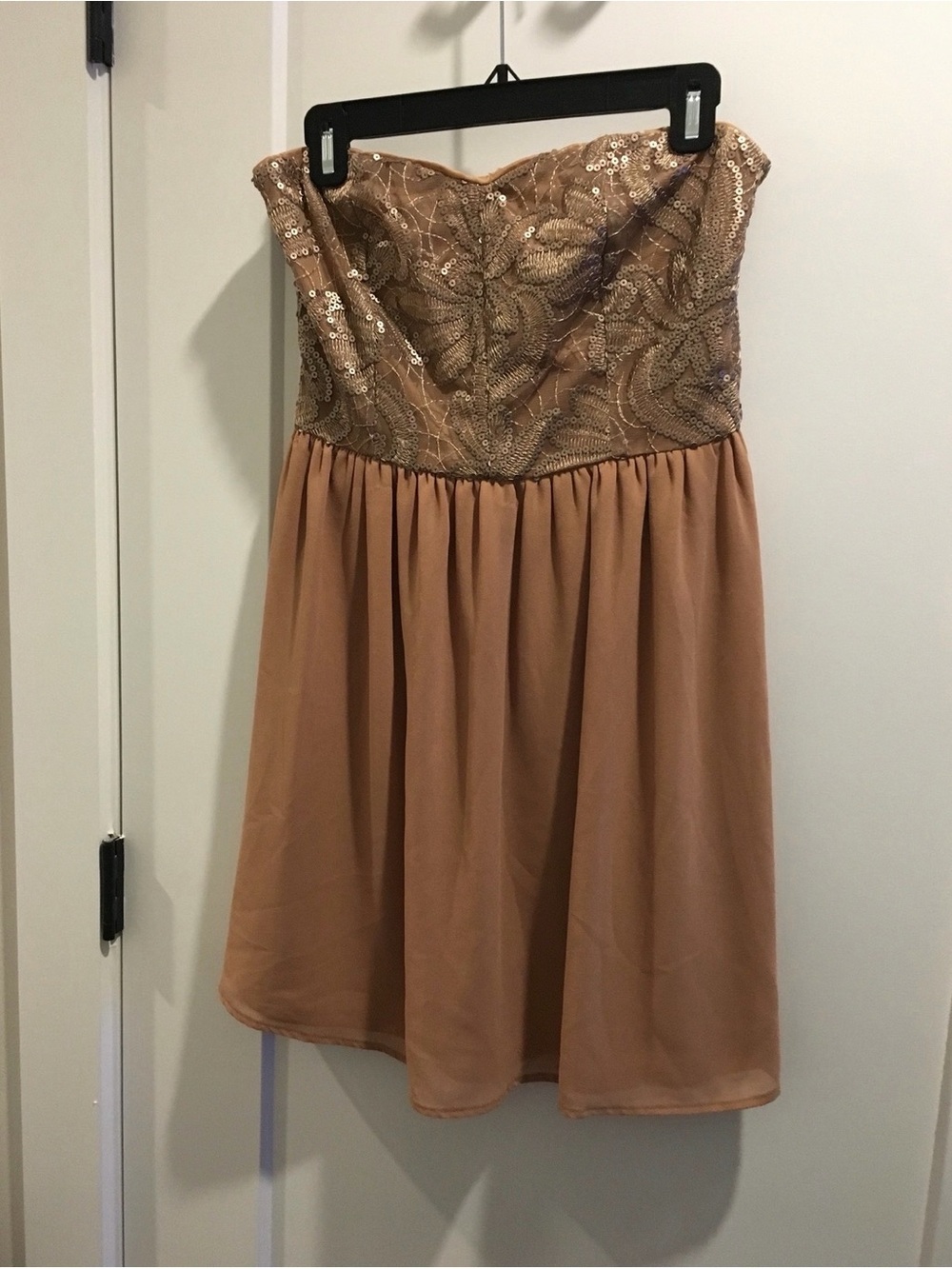 Ya Los Angeles Strapless Sequin Lace Bodice Dress in Tan